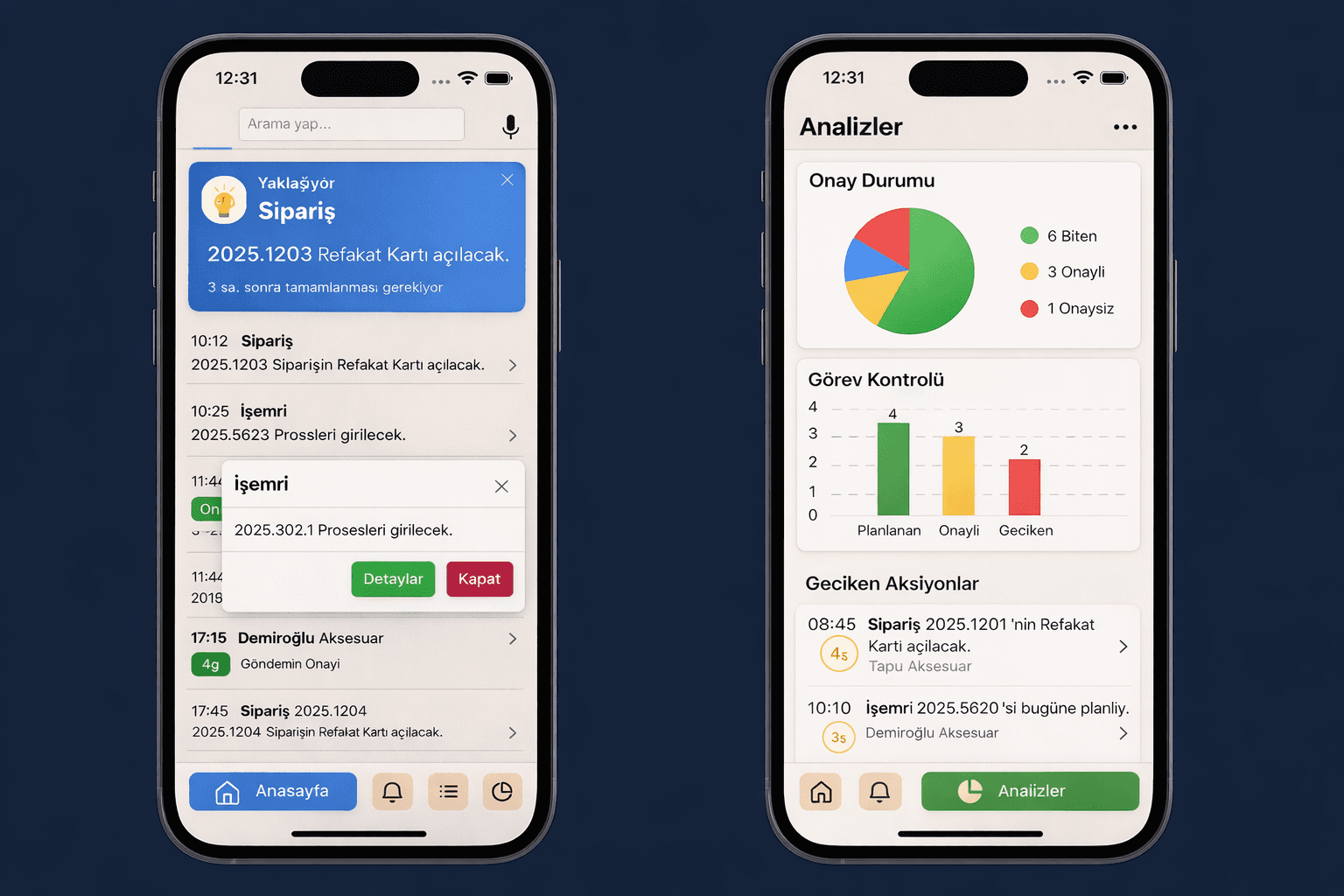 Bildirim akışı ve görev detay popup