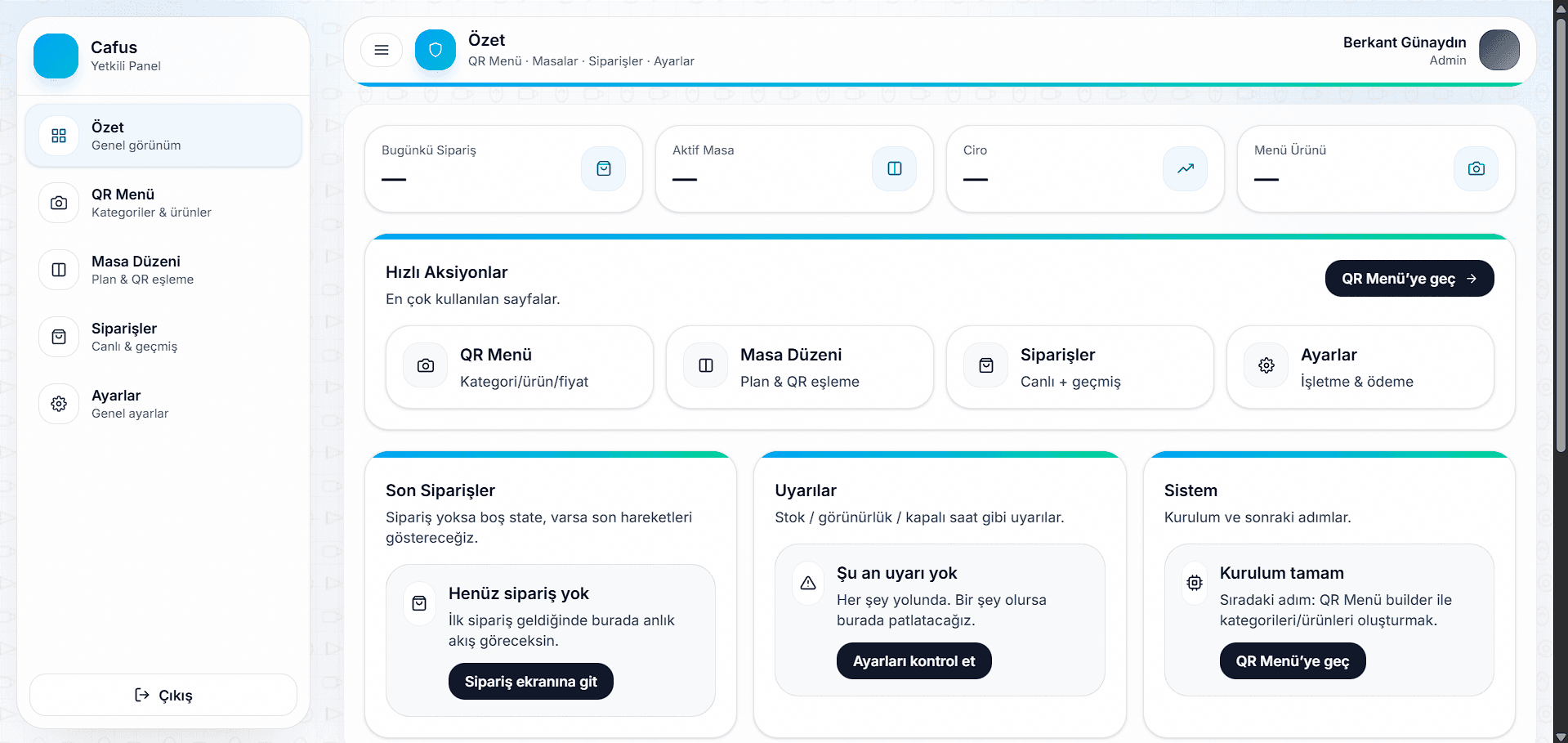 Yönetici paneli özet (sipariş, masa, ciro, menü)