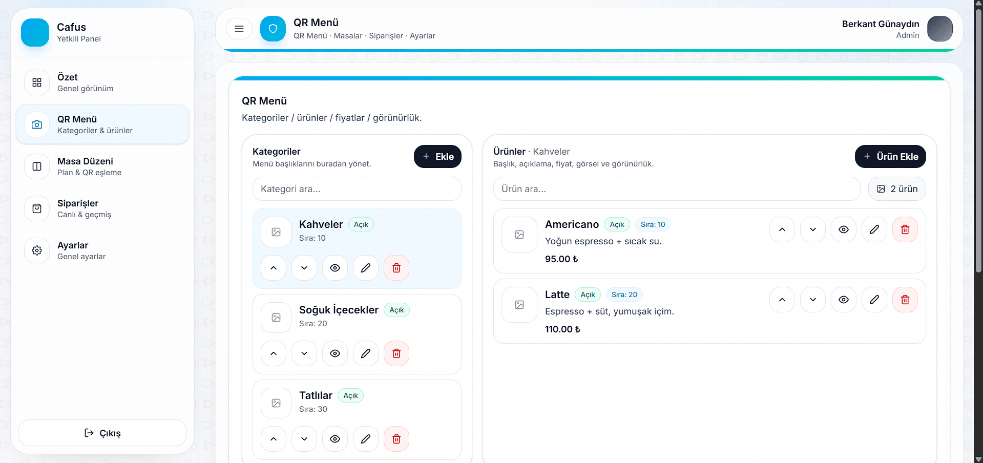Hızlı aksiyonlar ve modül geçişleri (QR Menü, Masa Düzeni, Siparişler)