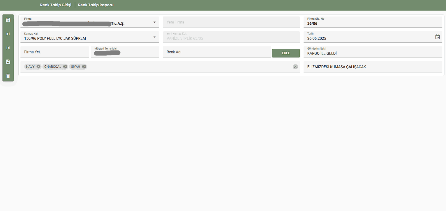Renk takip girişi (firma, kumaş, renk ekleme)