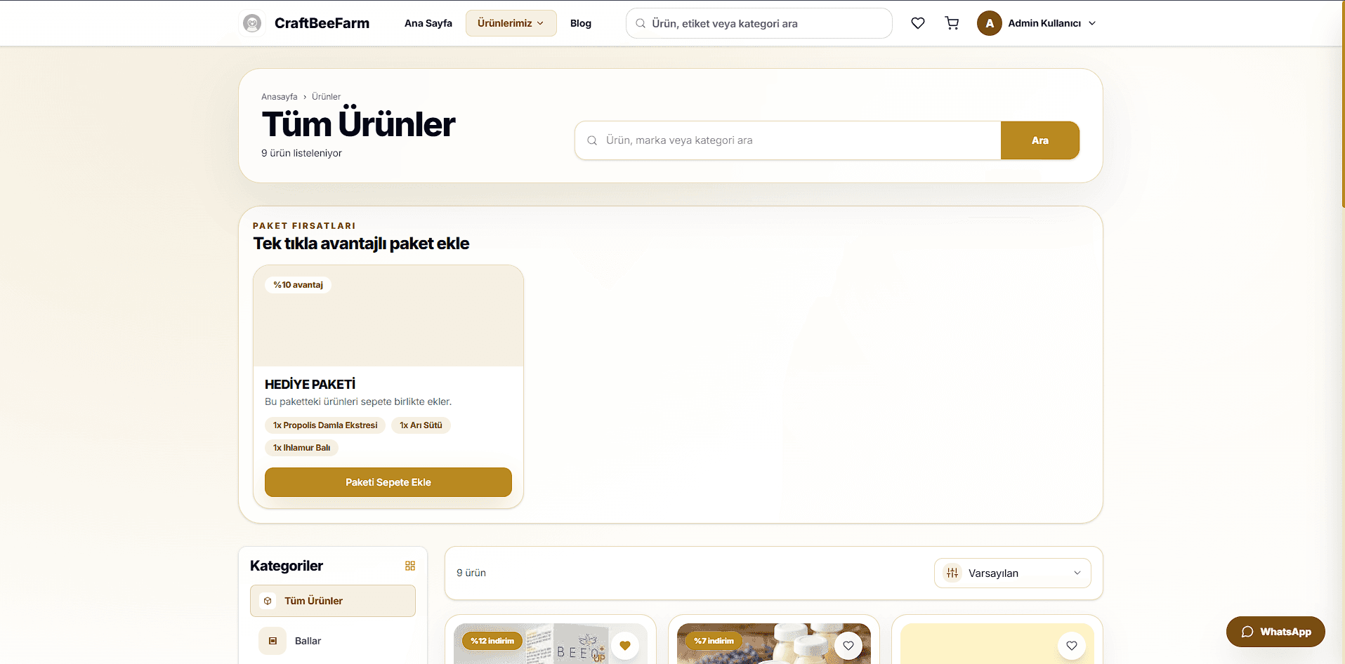 Tüm ürünler listeleme ve filtreleme ekranı