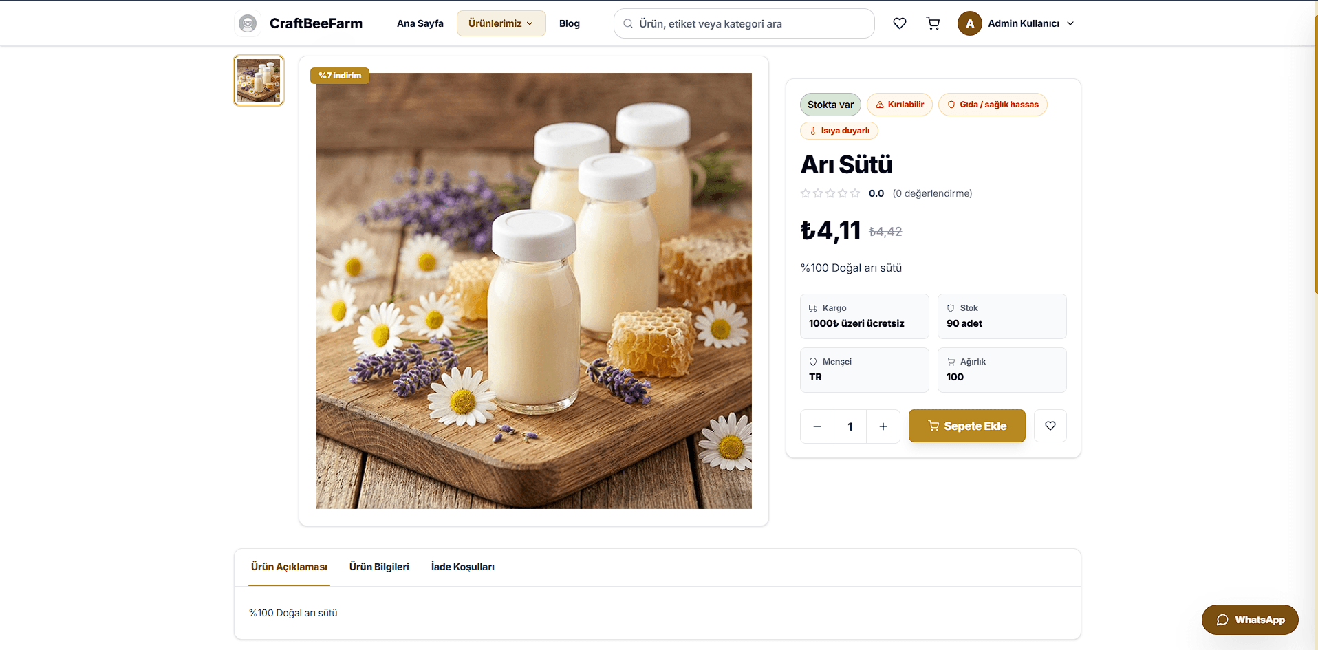 Ürün detay ve sepete ekleme ekranı