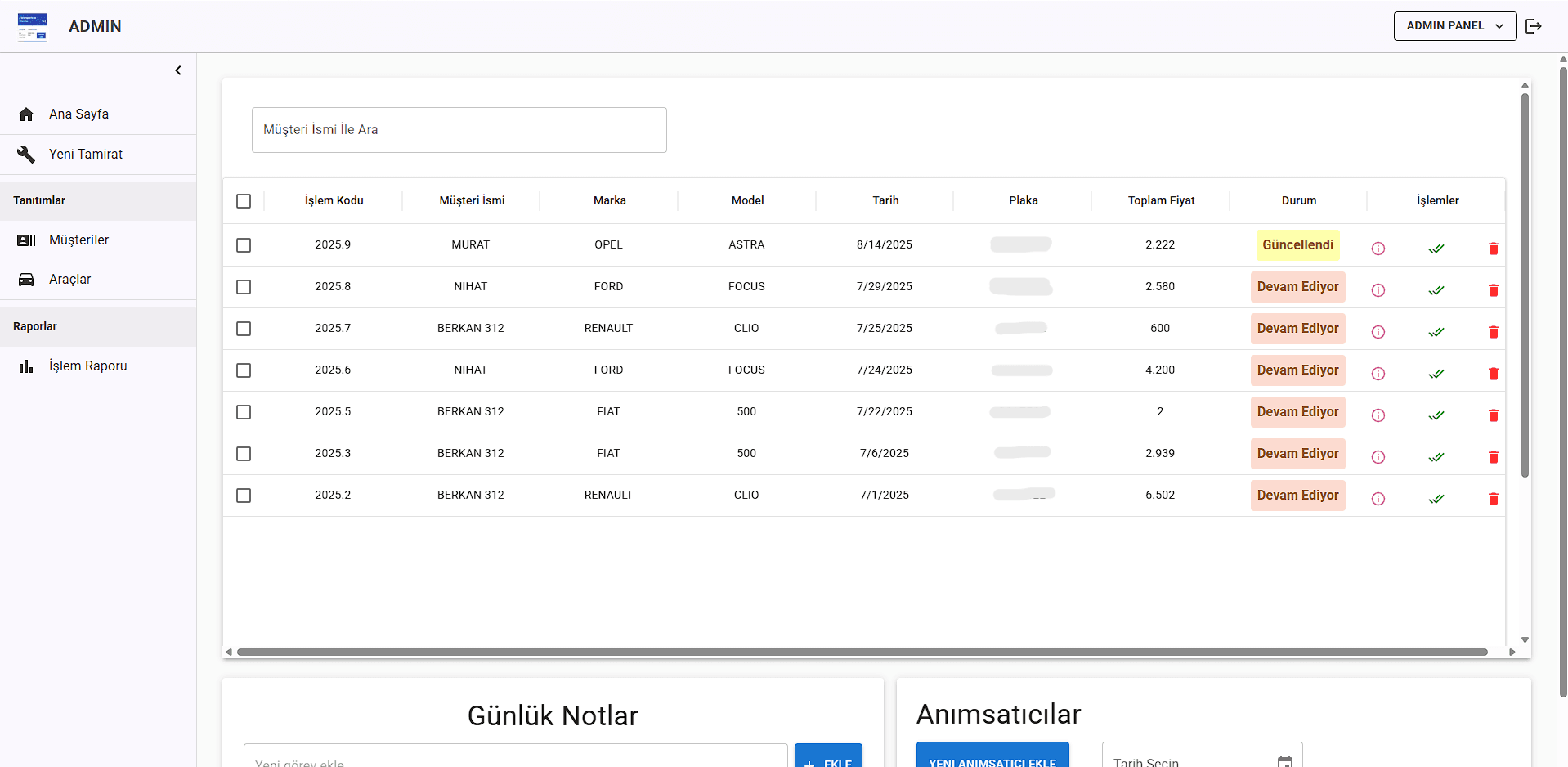Servis işlemleri liste ekranı