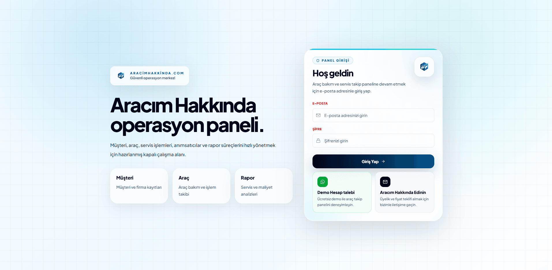 Aracım Hakkında güvenli panel giriş ekranı